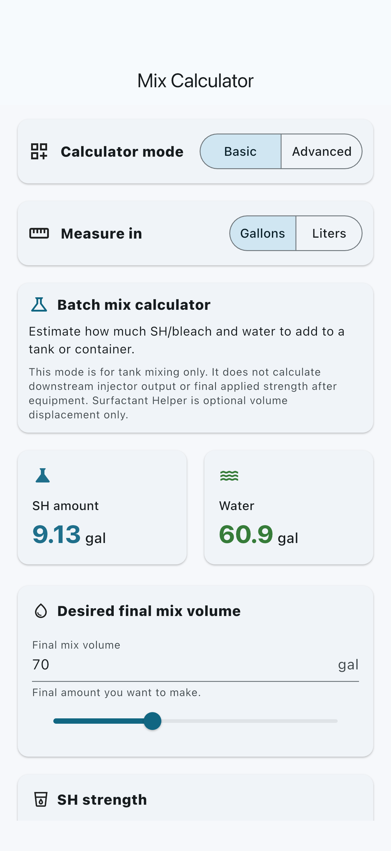 Genuine Batch Mix Basic Calculator showing gallons, liters, and calculated SH and water amounts