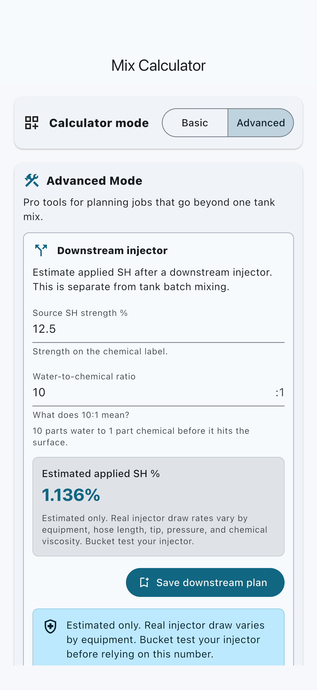Batch Mix Advanced Mode showing a downstream injector estimate and bucket-test boundary