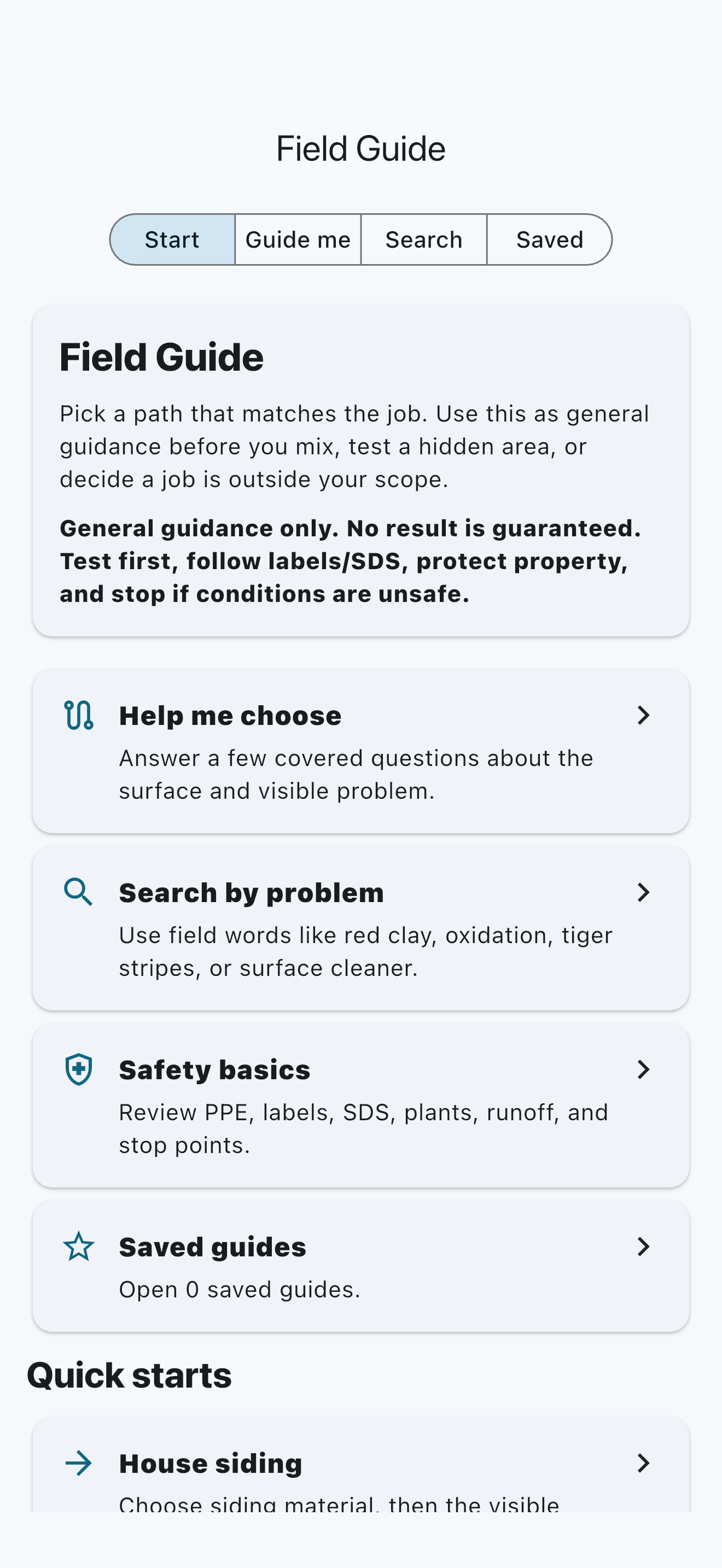 Genuine Batch Mix Field Guide with guided help, search, safety basics, and saved guides