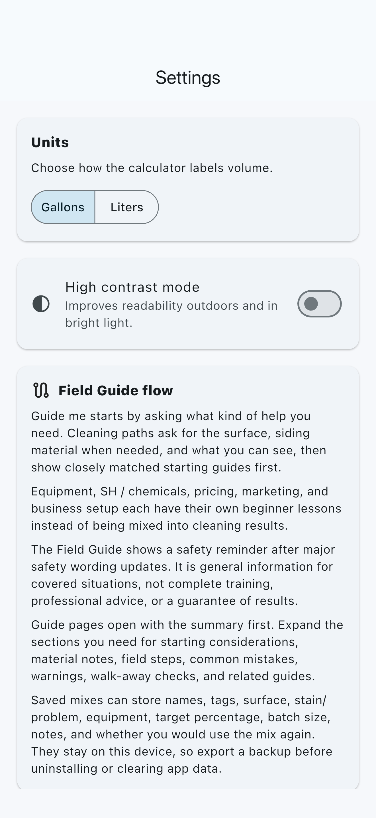 Batch Mix settings showing gallons and liters, high contrast, Field Guide behavior, and local saved-mix context